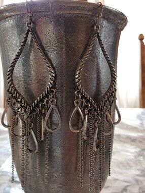 Vintage Burnished Silver Teardrop Chandelier Earrings Tassel Fringe